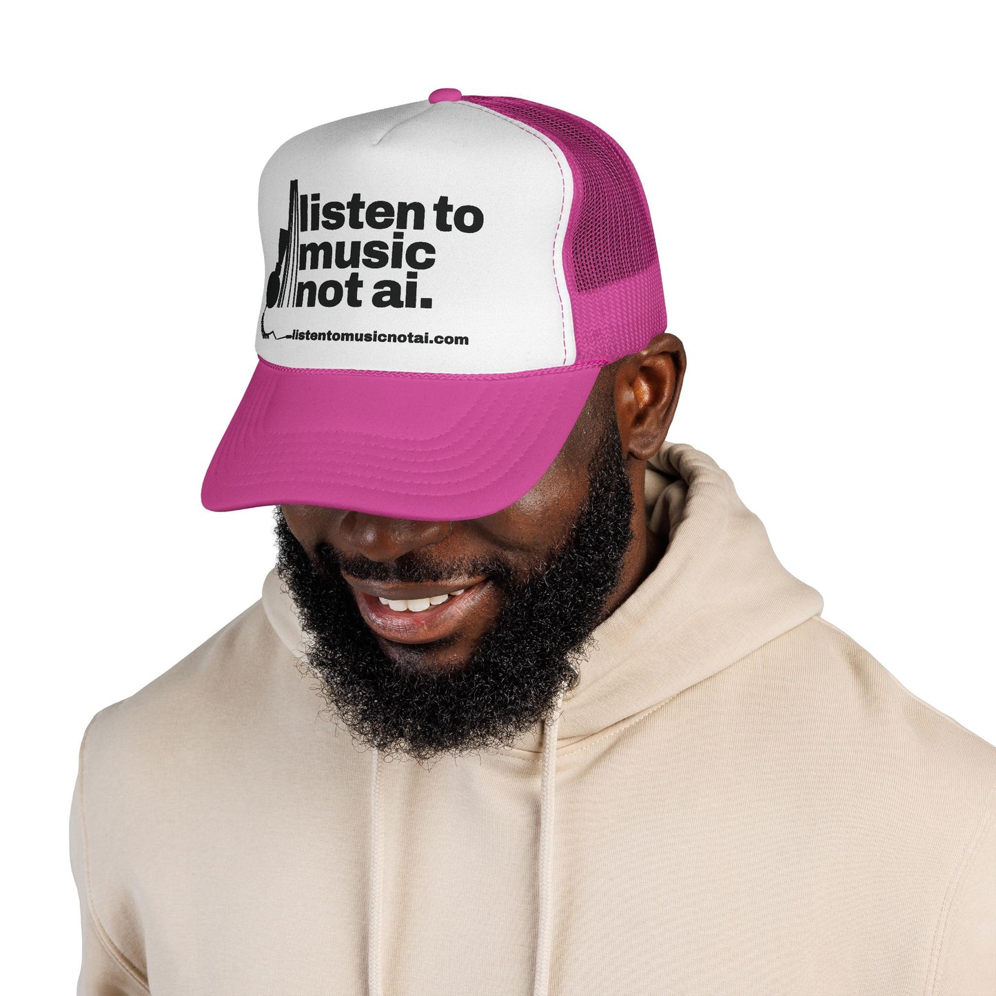 Music Not AI Foam Trucker Cap — Retro Headphones Logo