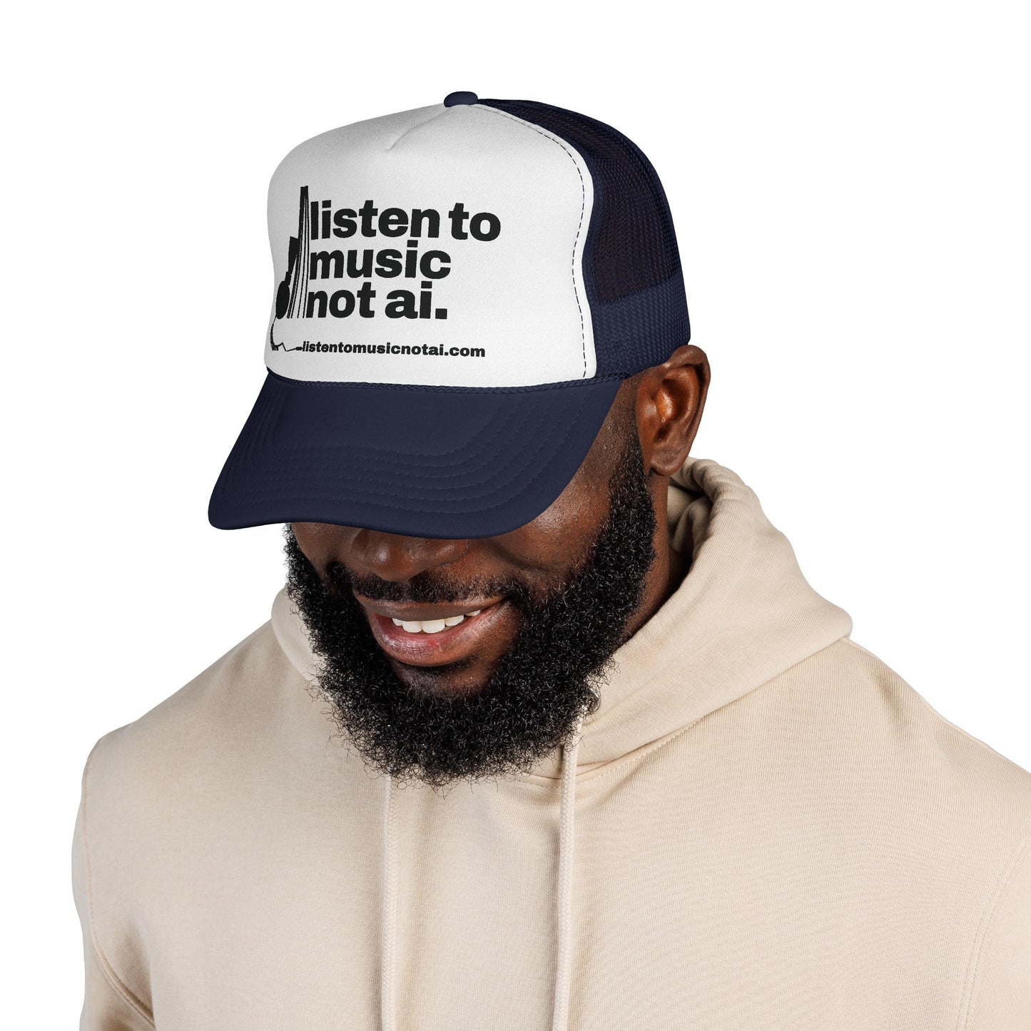 Music Not AI Foam Trucker Cap — Retro Headphones Logo