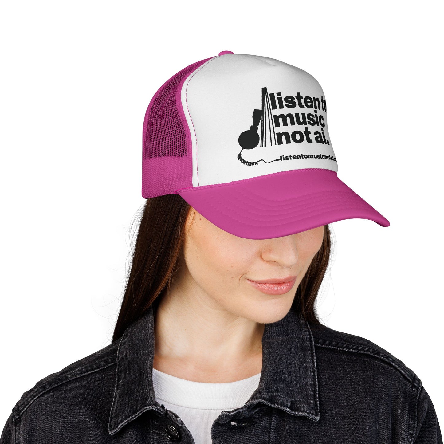 Music Not AI Foam Trucker Cap — Retro Headphones Logo