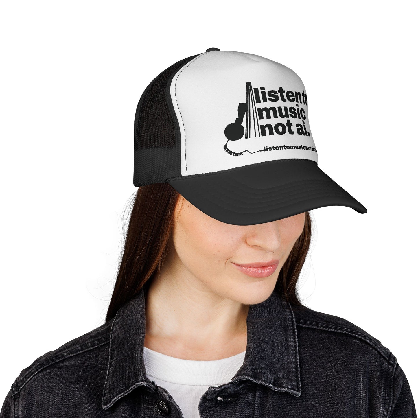 Music Not AI Foam Trucker Cap — Retro Headphones Logo