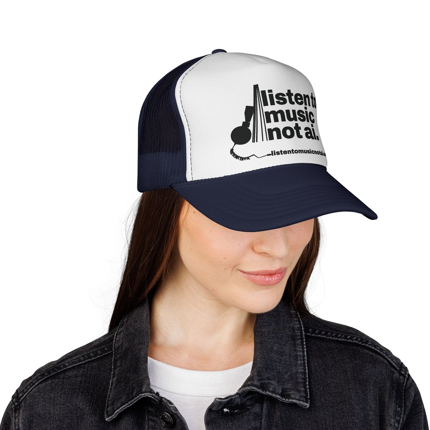 Music Not AI Foam Trucker Cap — Retro Headphones Logo