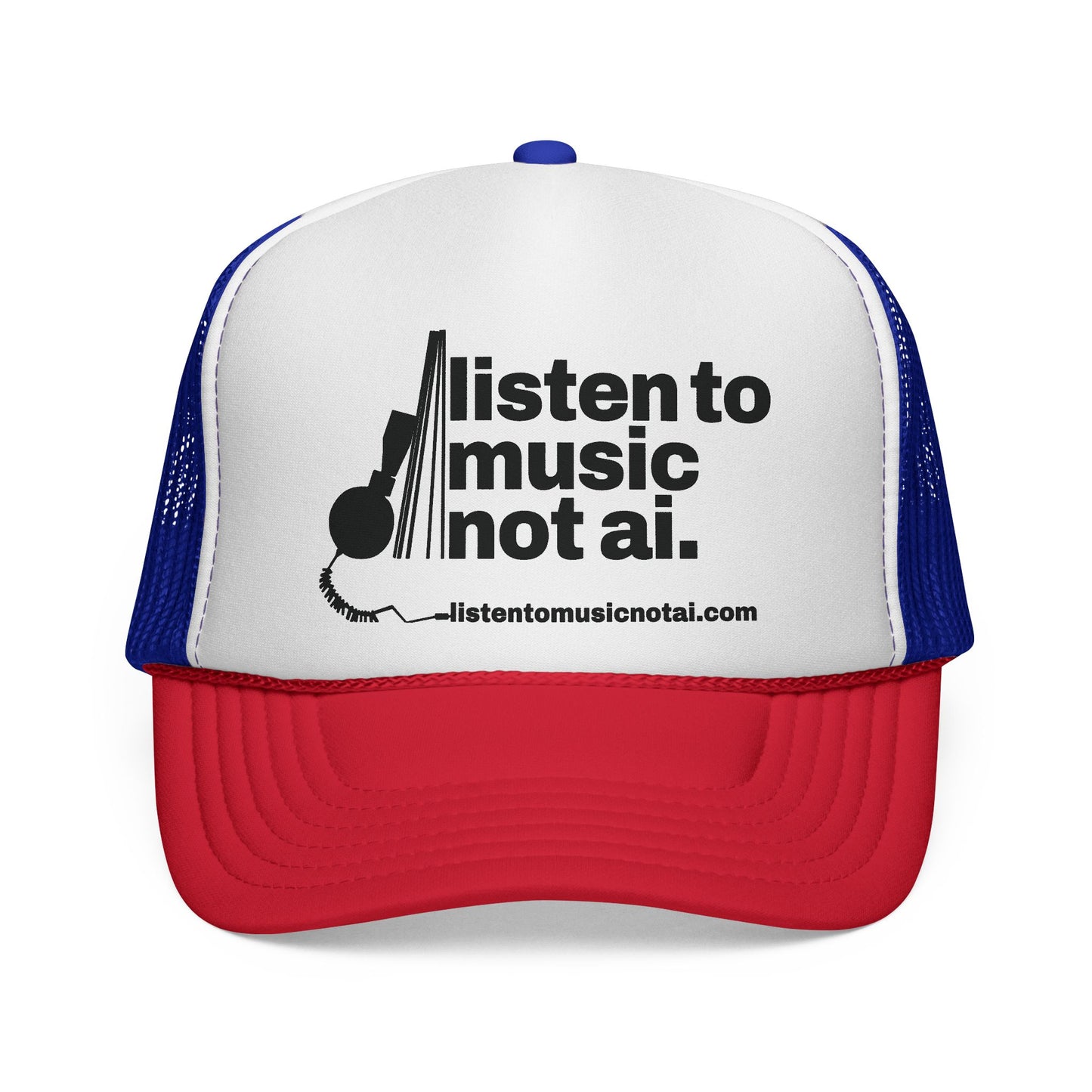 Music Not AI Foam Trucker Cap — Retro Headphones Logo