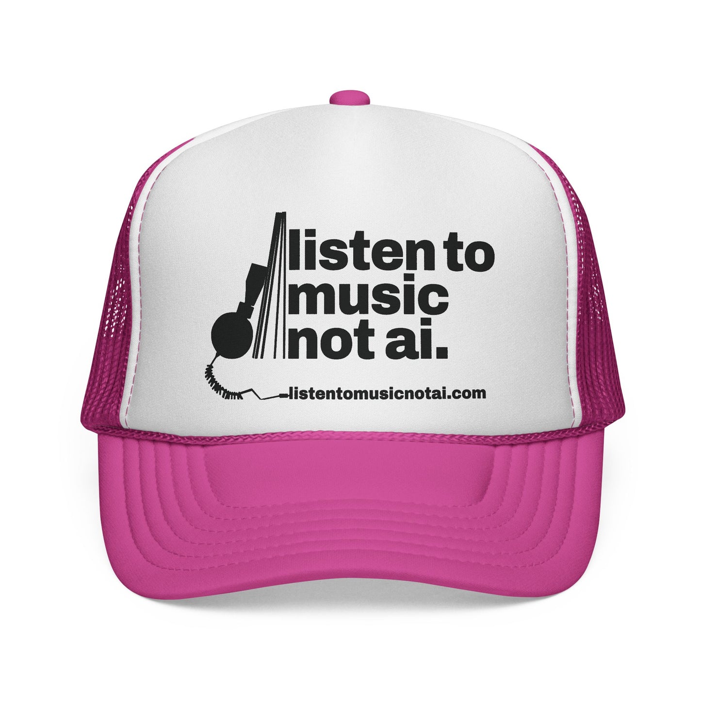 Music Not AI Foam Trucker Cap — Retro Headphones Logo