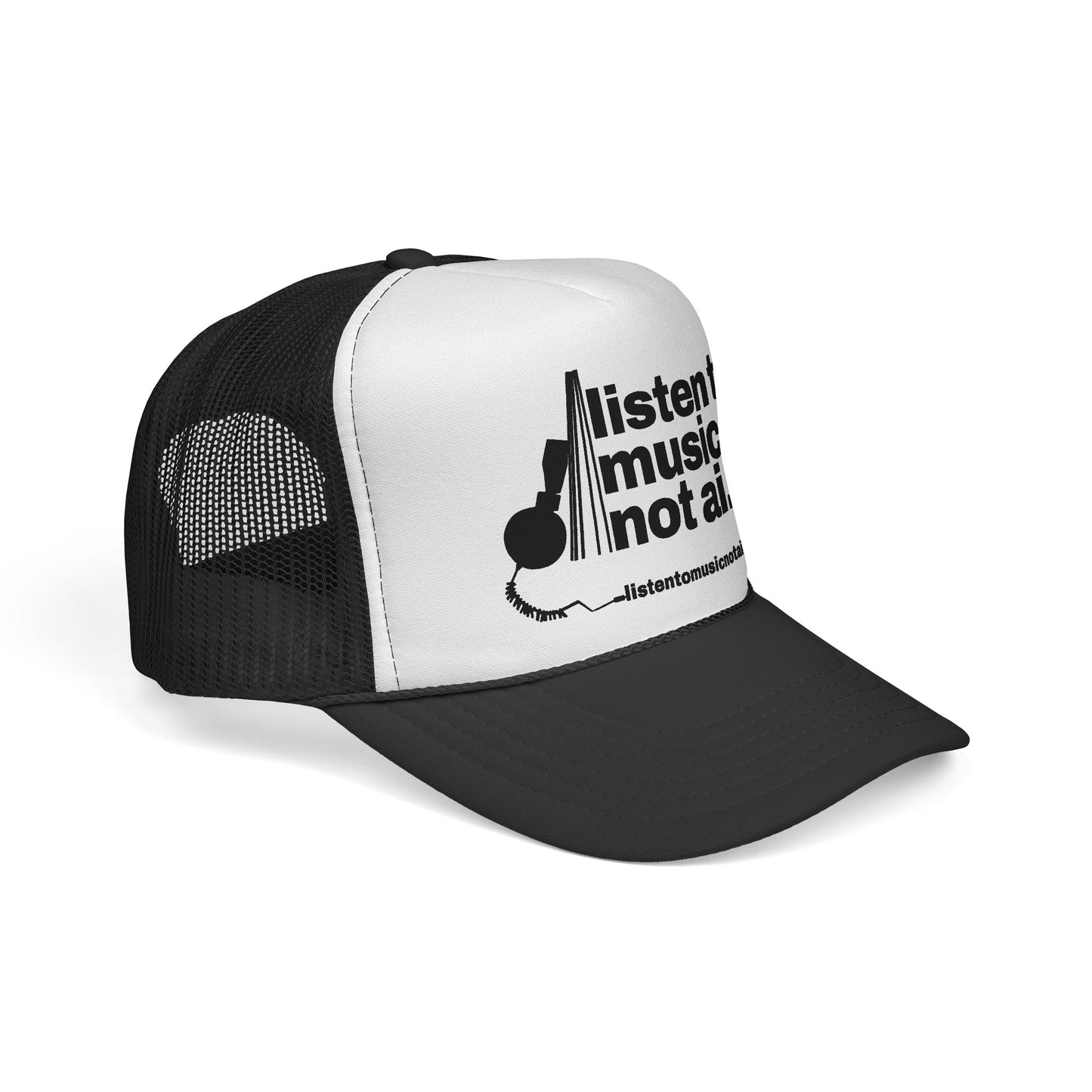 Music Not AI Foam Trucker Cap — Retro Headphones Logo