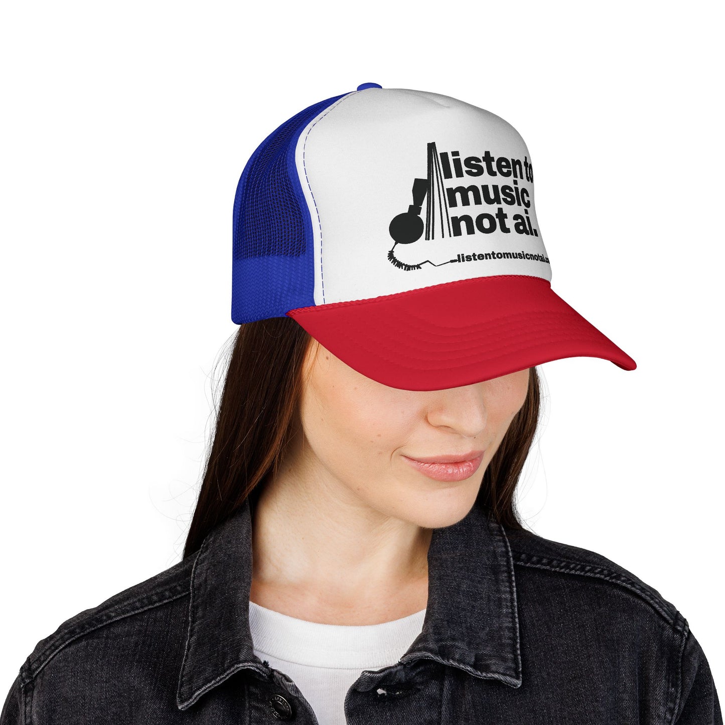 Music Not AI Foam Trucker Cap — Retro Headphones Logo