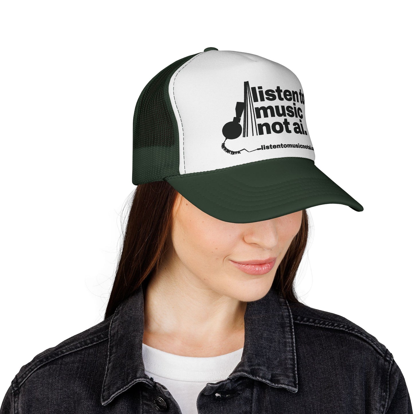 Music Not AI Foam Trucker Cap — Retro Headphones Logo