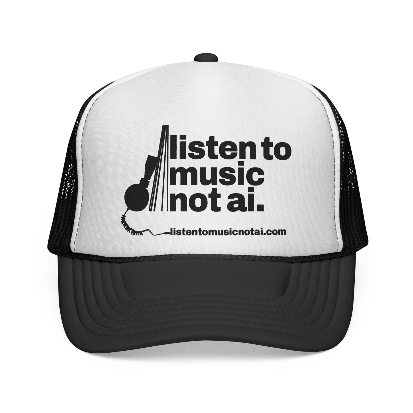 Music Not AI Foam Trucker Cap — Retro Headphones Logo