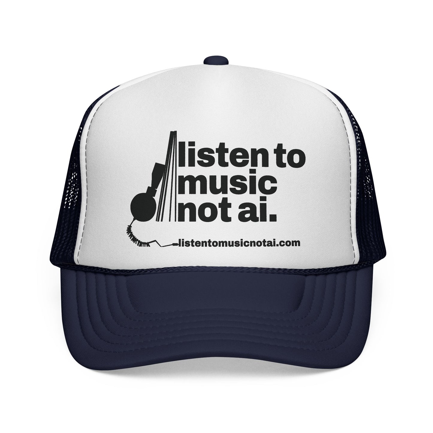 Music Not AI Foam Trucker Cap — Retro Headphones Logo