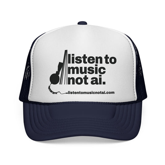 Music Not AI Foam Trucker Cap — Retro Headphones Logo