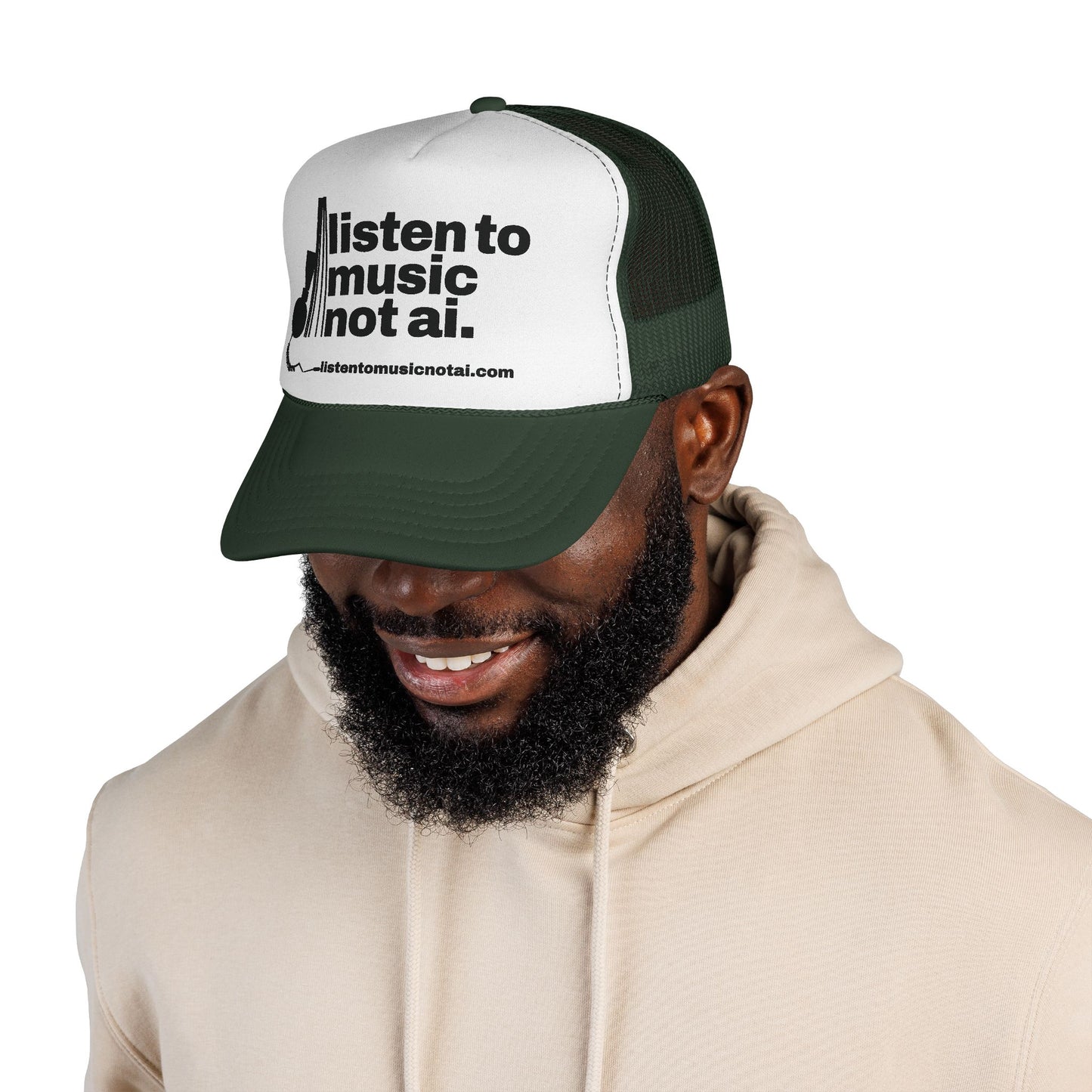 Music Not AI Foam Trucker Cap — Retro Headphones Logo