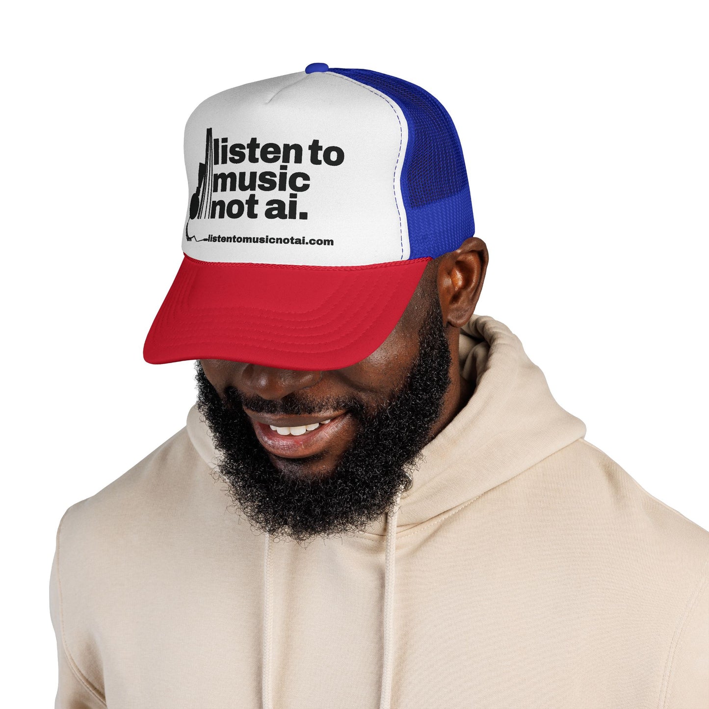 Music Not AI Foam Trucker Cap — Retro Headphones Logo