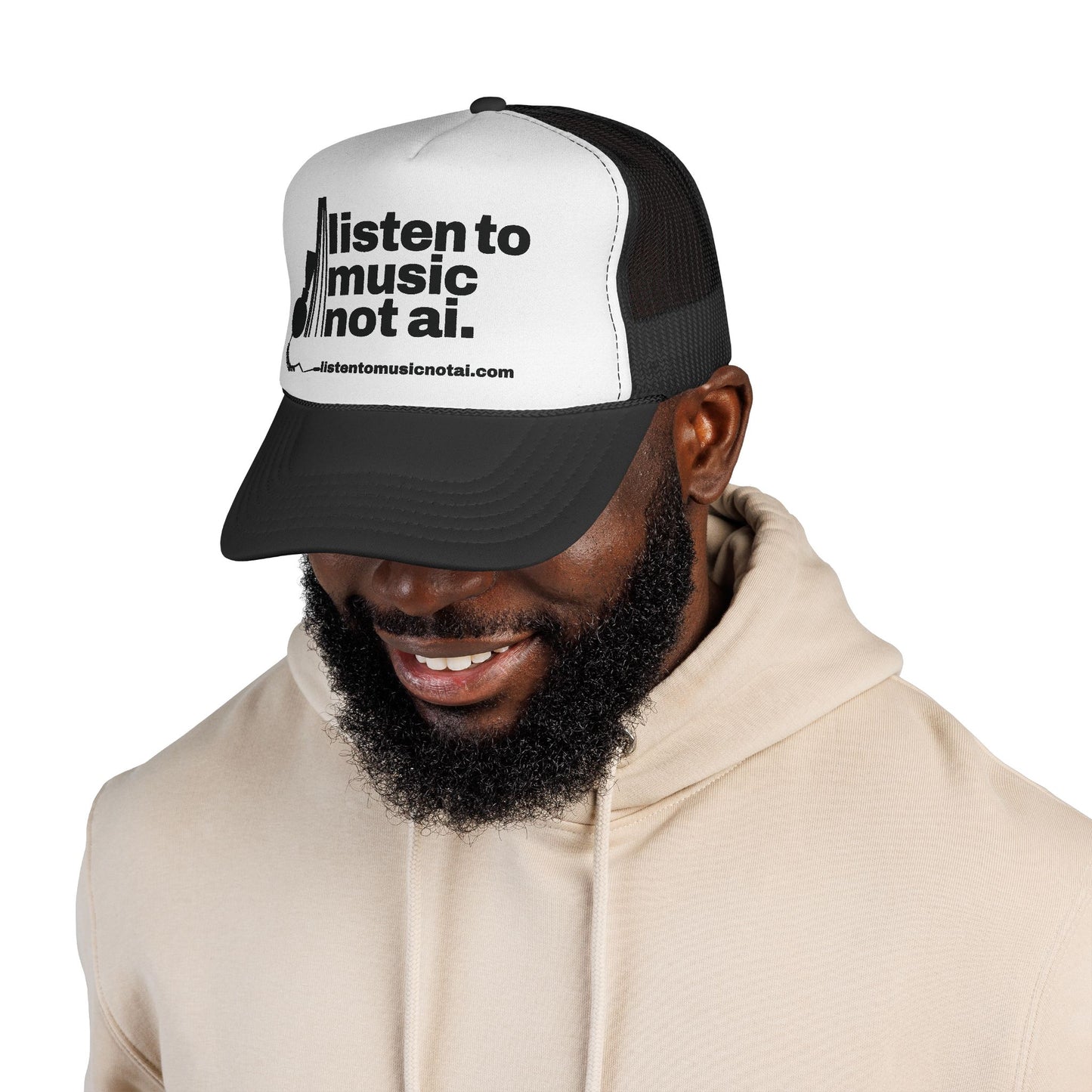 Music Not AI Foam Trucker Cap — Retro Headphones Logo