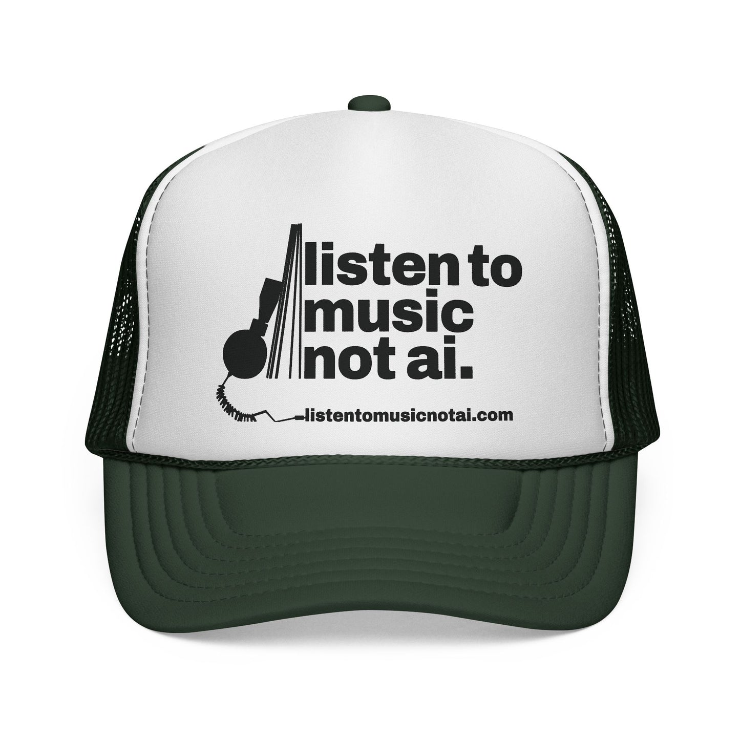 Music Not AI Foam Trucker Cap — Retro Headphones Logo
